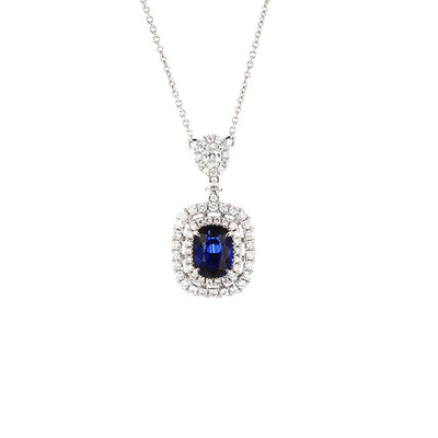 Blue Sapphire & Diamond Halo Necklace - Continental Diamond