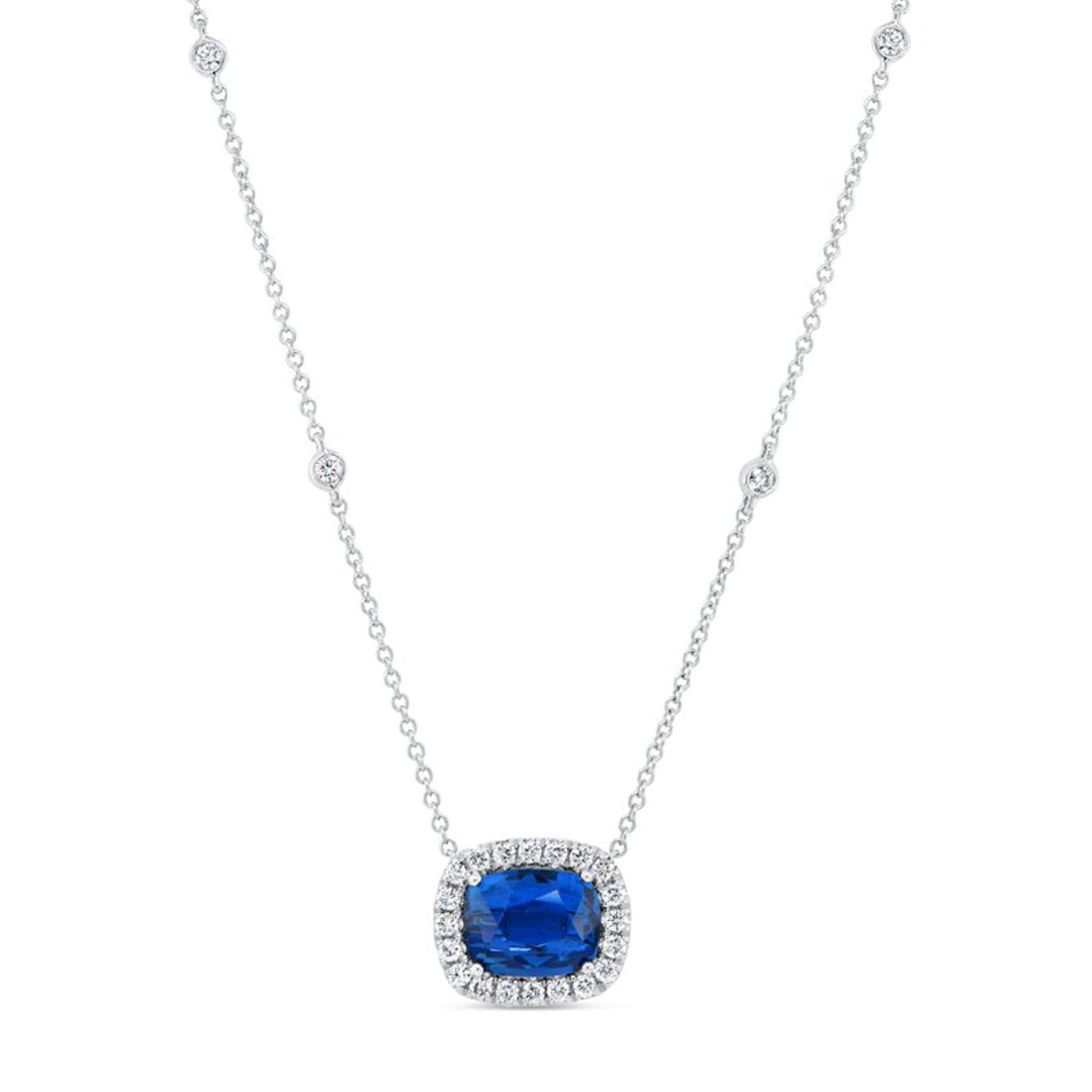 Blue Sapphire & Diamond Halo Necklace