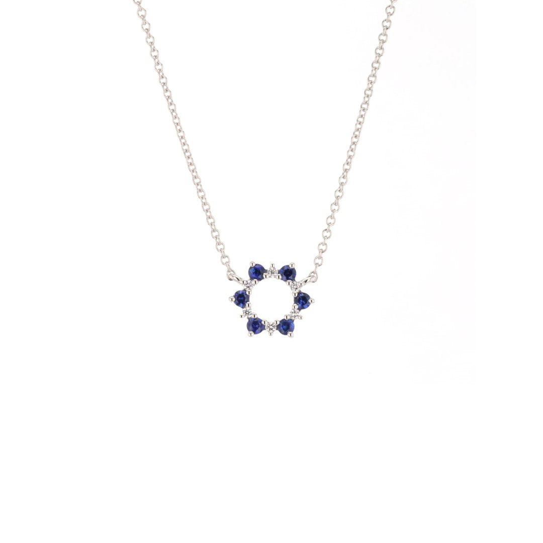 18" Blue Sapphire & Diamond Stationary Pendant Necklace