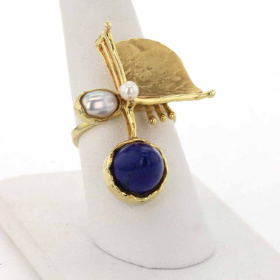 Lapis Lazuli Cabochon & Pearl Ring