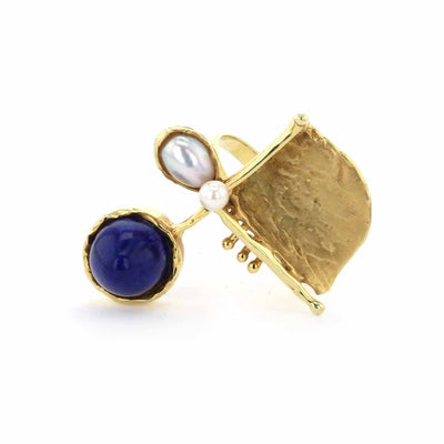 Lapis Lazuli Cabochon & Pearl Ring