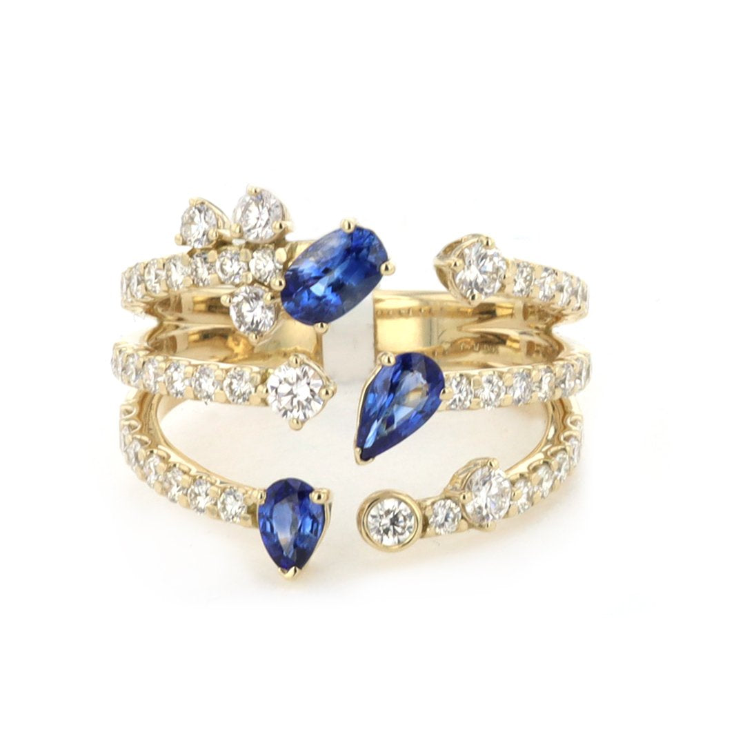 3 Row Blue Sapphire & Diamond Ring