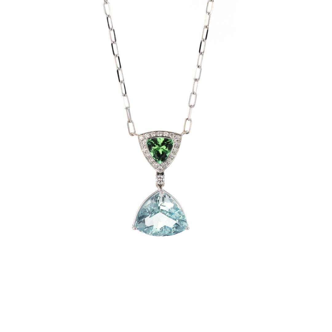 Tourmaline, Aquamarine & Diamond Stationary Drop Necklace