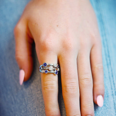 Blue Sapphire & Diamond 3 Row Ring