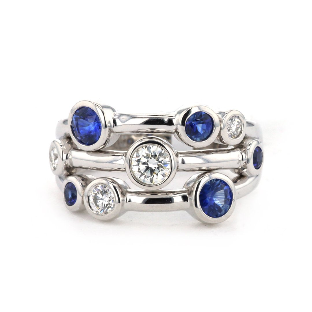 Blue Sapphire & Diamond 3 Row Ring