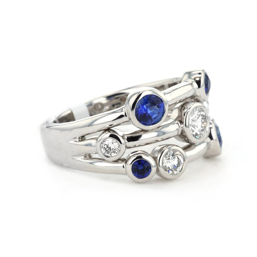 Blue Sapphire & Diamond 3 Row Ring