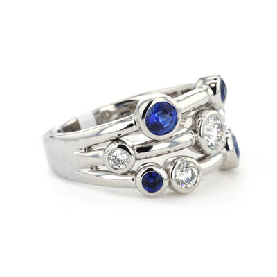 Blue Sapphire & Diamond 3 Row Ring