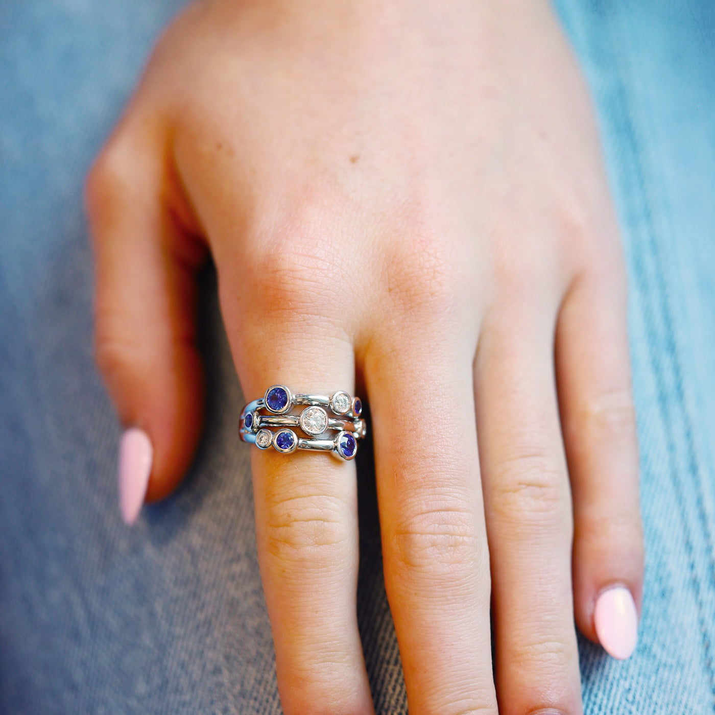 Blue Sapphire & Diamond 3 Row Ring