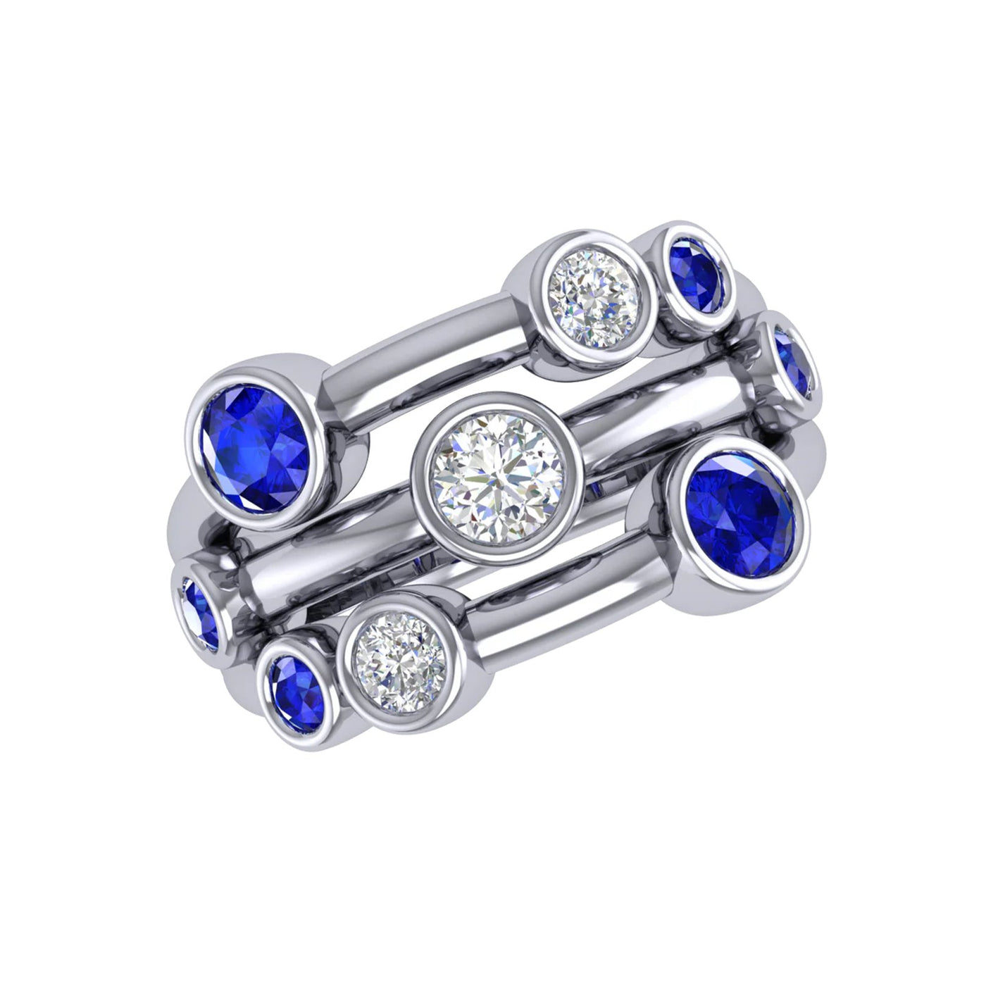 Blue Sapphire & Diamond 3 Row Ring