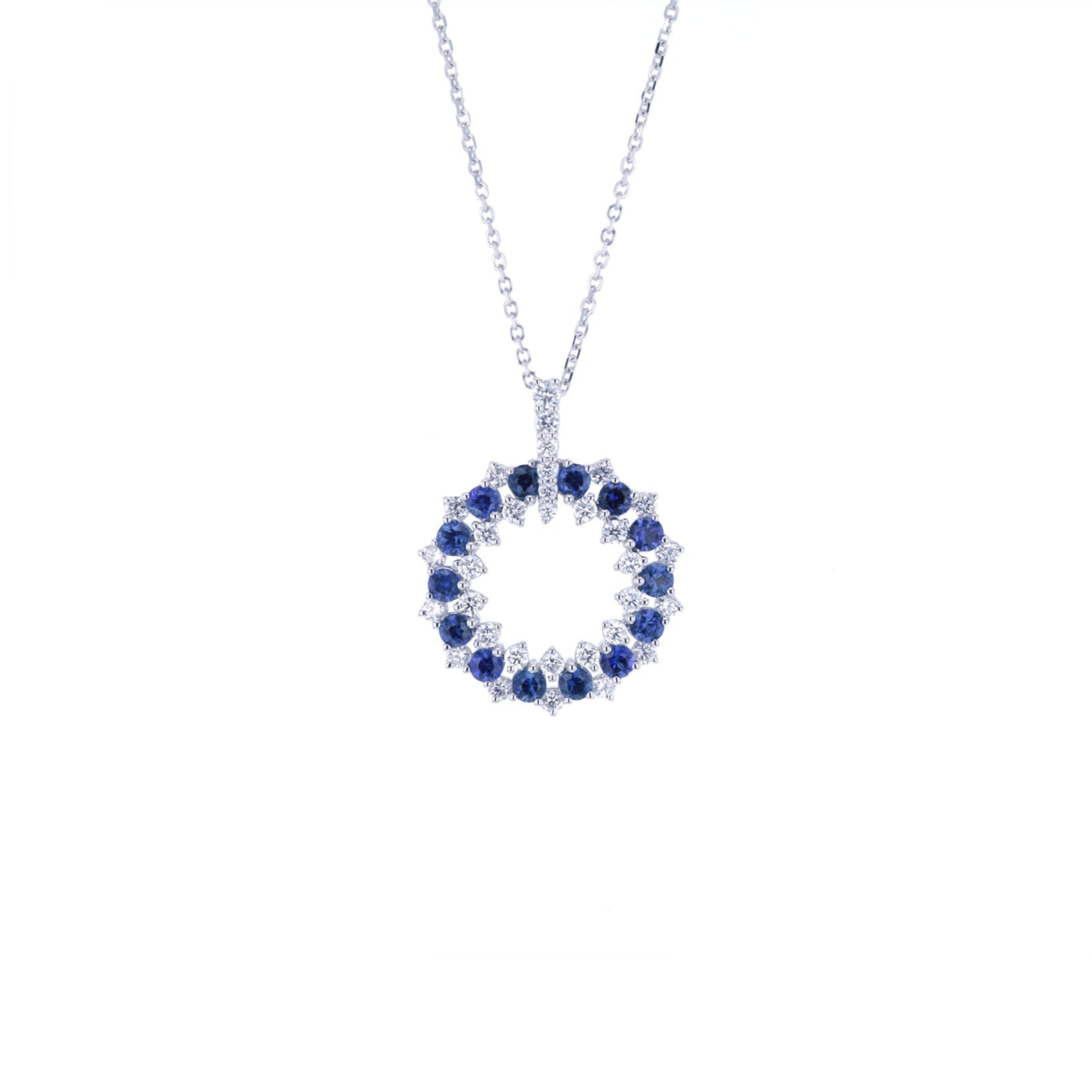 Blue Sapphire & Diamond Open Circle Necklace