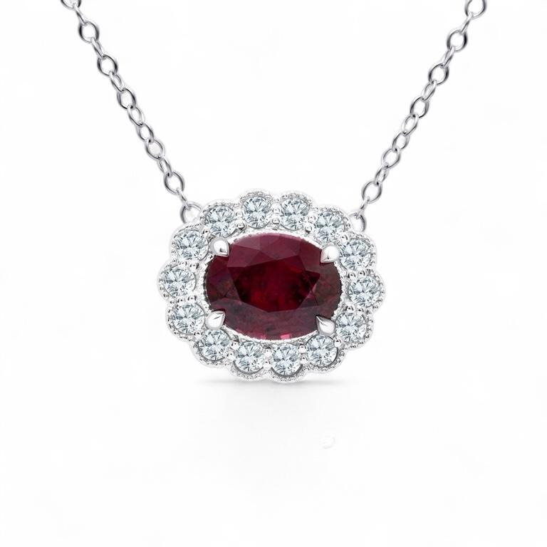 Raspberry Garnet & Diamond Halo Pendant Necklace