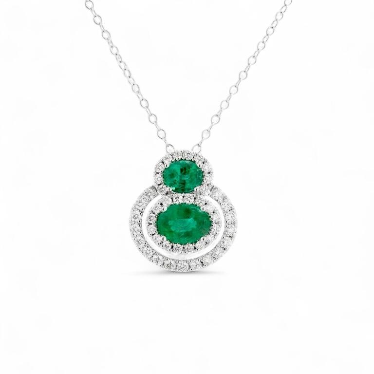Emerald & Diamond Halo Pendant Necklace