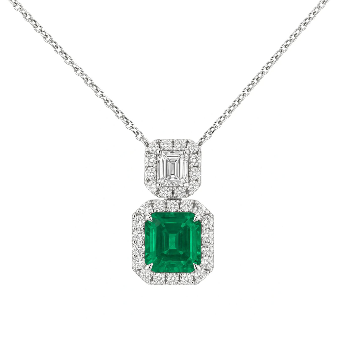 Emerald & Diamond Halo Pendant Necklace