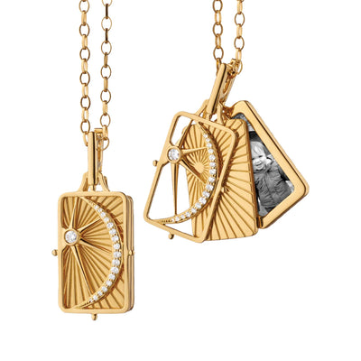 Diamond Sun, Moon & Stars Rectangular Frame Locket Necklace