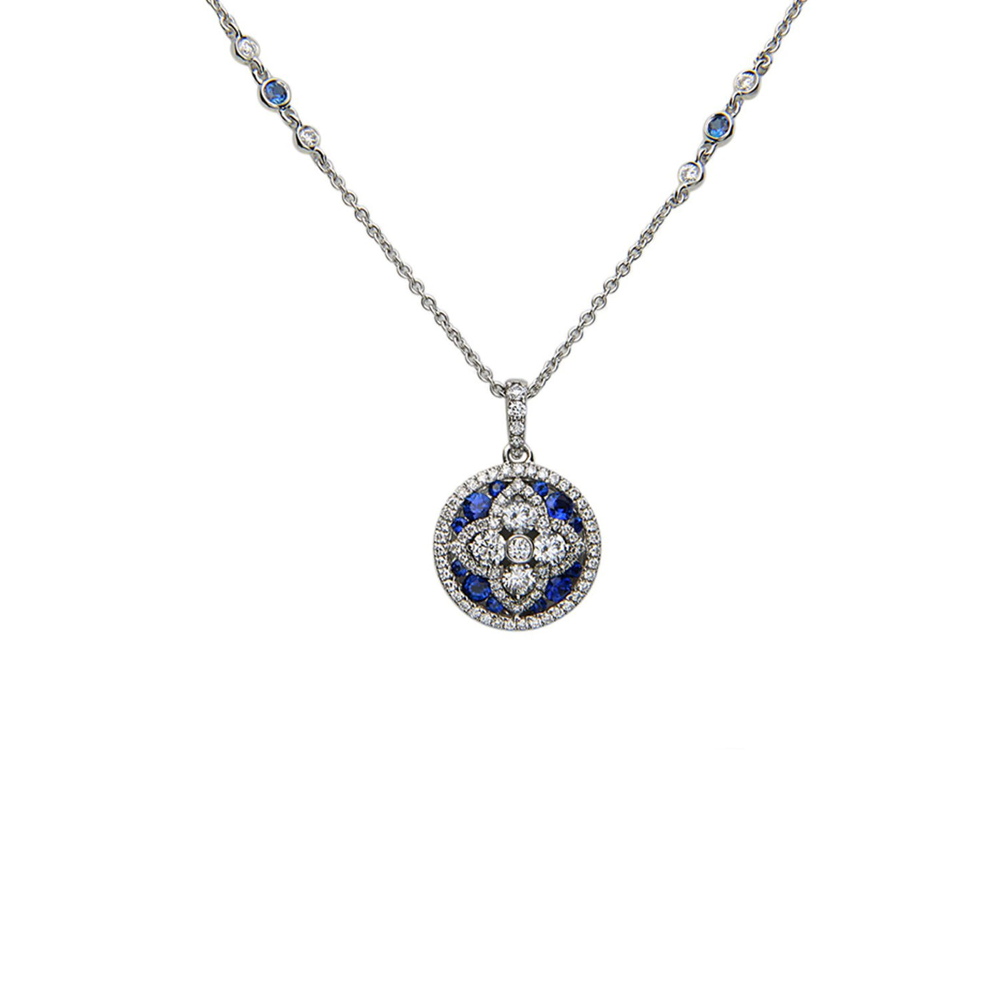 16" Blue Sapphire & Diamond Round Halo Necklace
