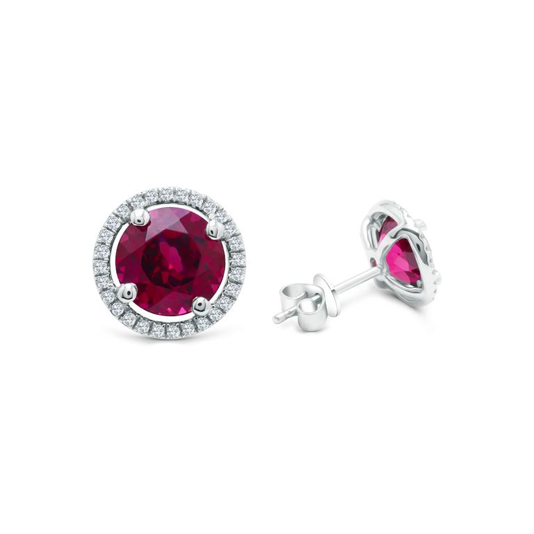 Raspberry & Diamond Halo Earrings