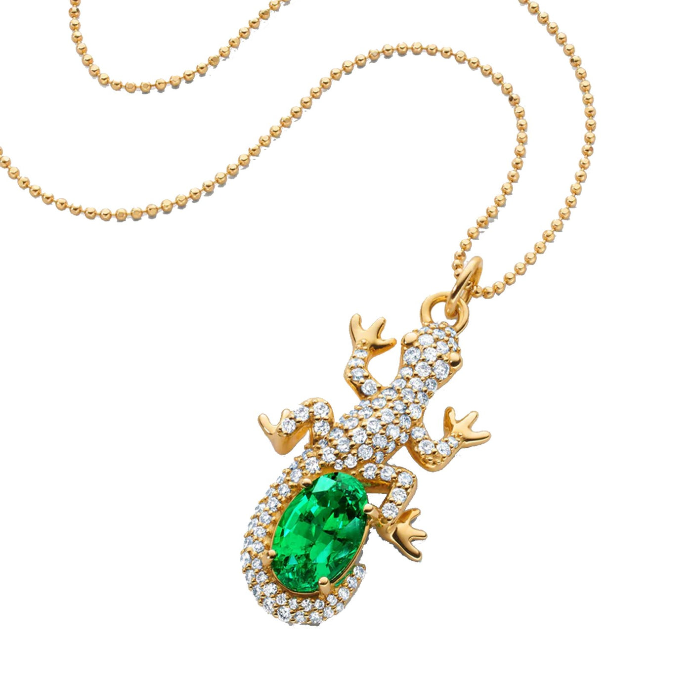 Emerald & Diamond Salamander Charm Pendant Necklace
