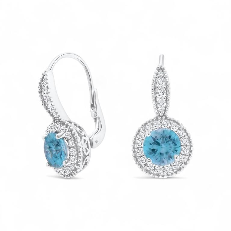 Blue Zircon & Diamond Halo Earrings