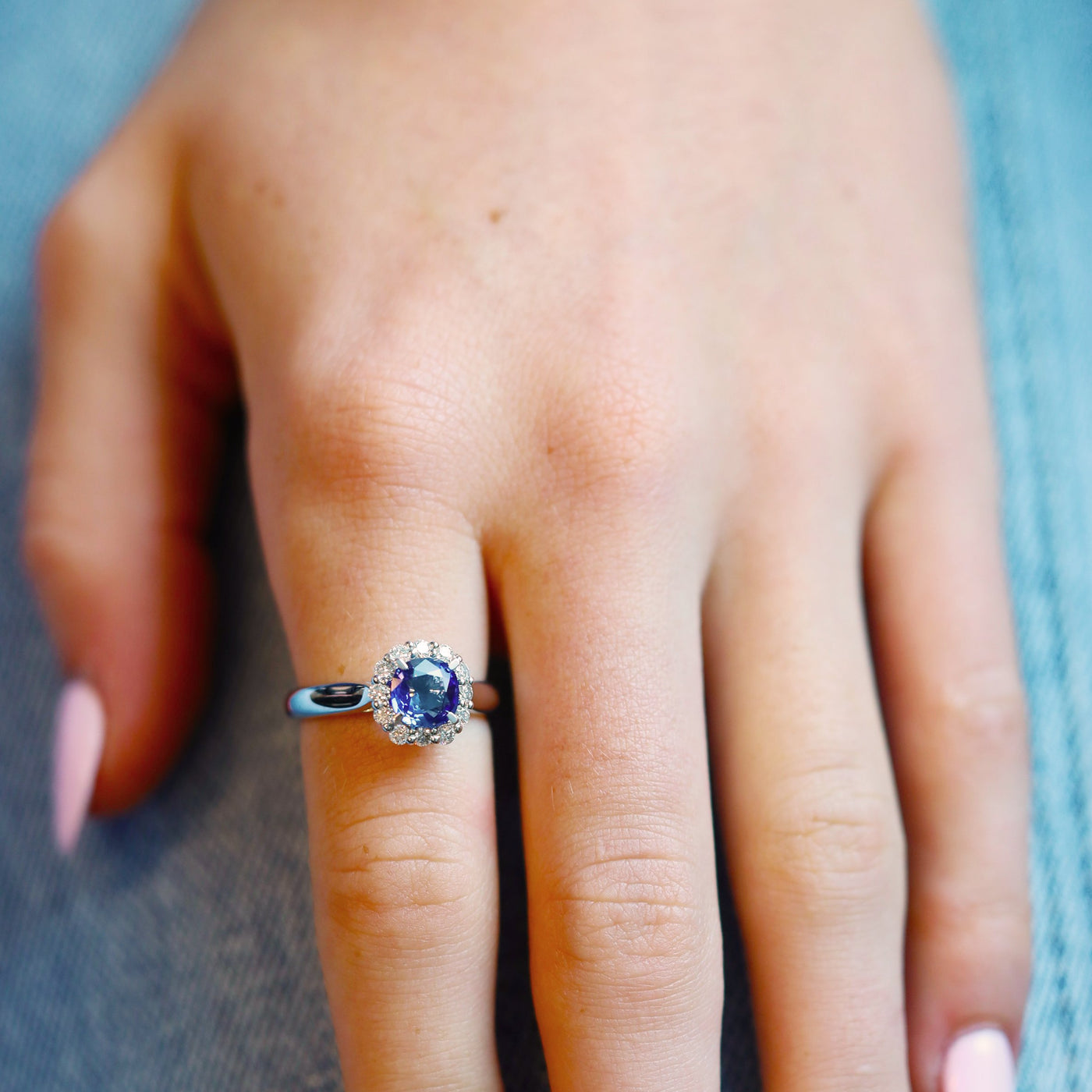 Blue Sapphire & Diamond Halo Ring
