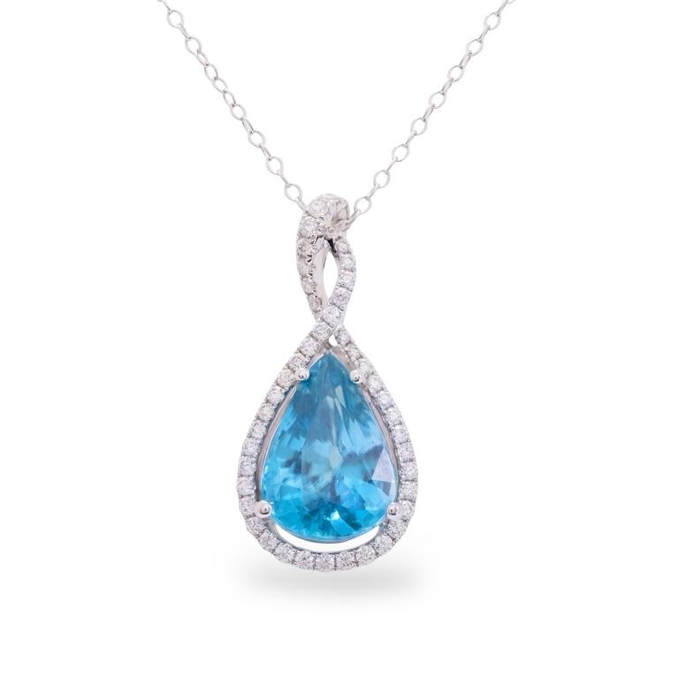Blue Zircon & Diamond Halo Pendant Necklace