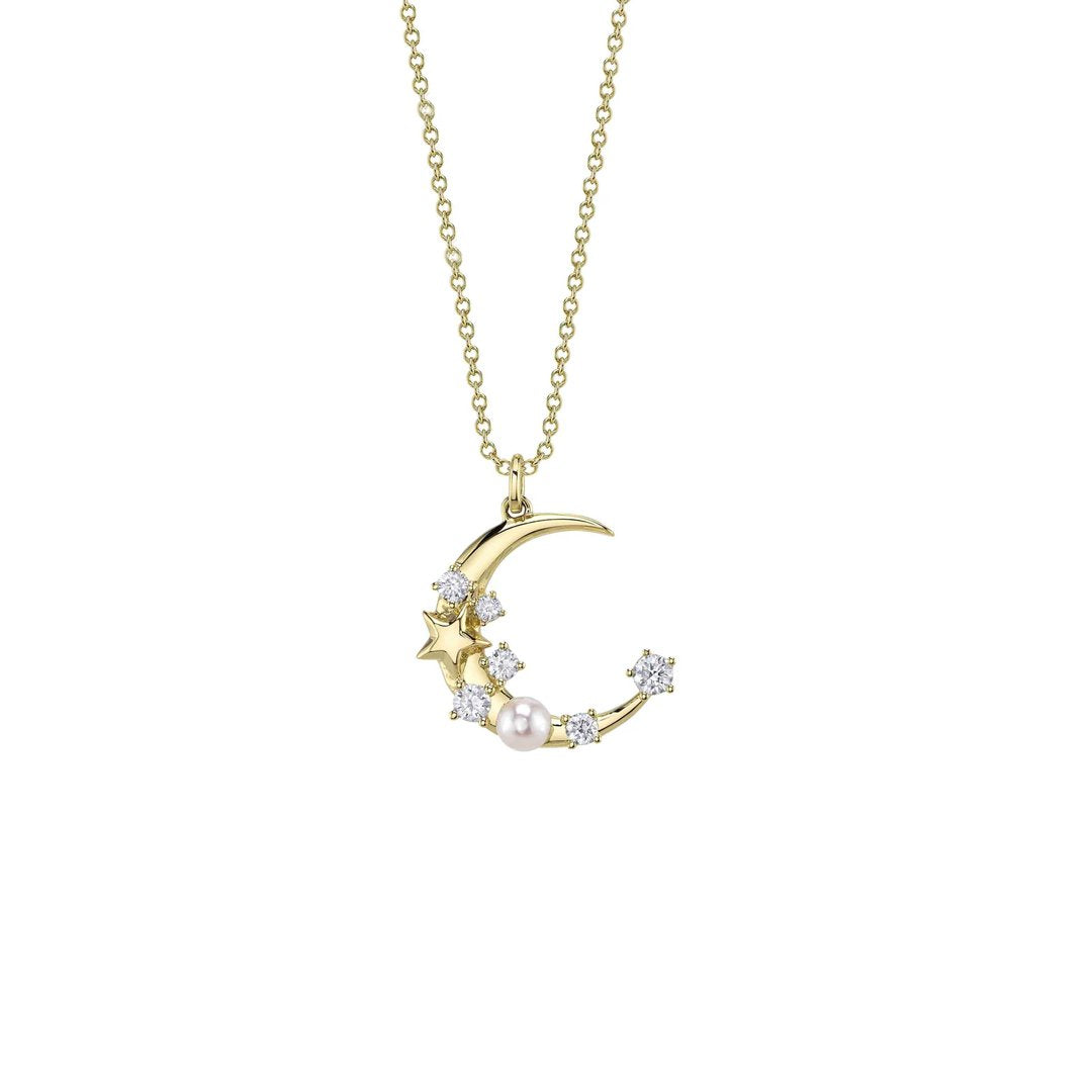 15+3" Pearl & Diamond Moon & Star Necklace