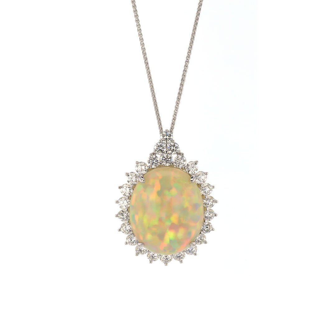 Oval Opal & Diamond Halo Pendant Necklace