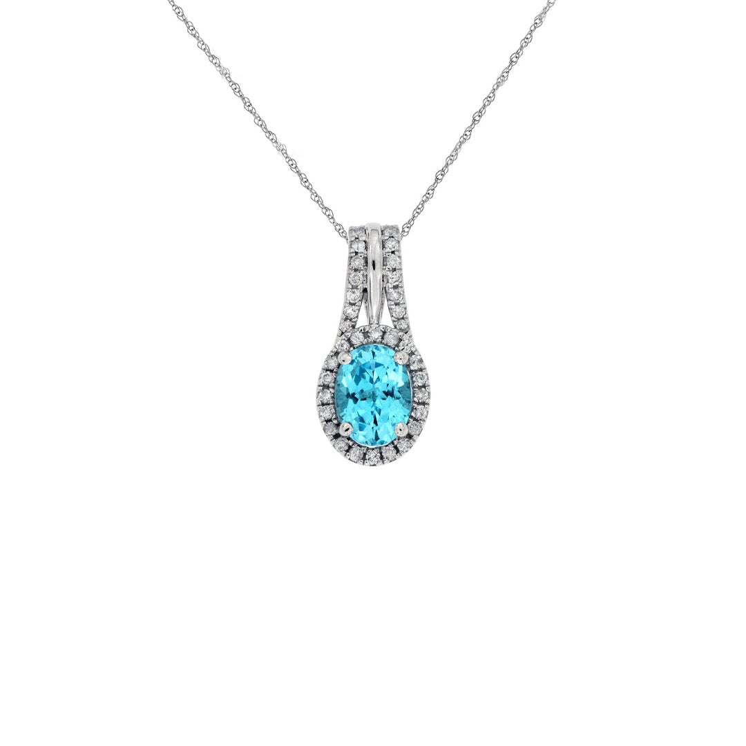 Blue Topaz & Diamond Halo Pendant Necklace