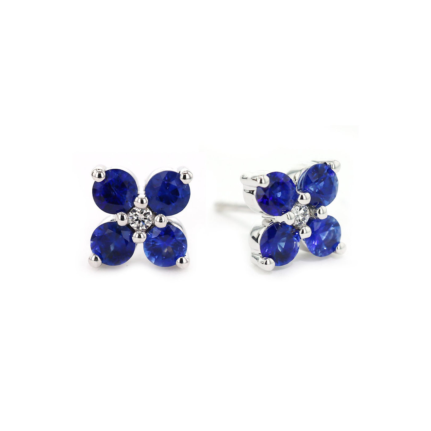 Blue Sapphire & Diamond Flower Stud Earrings