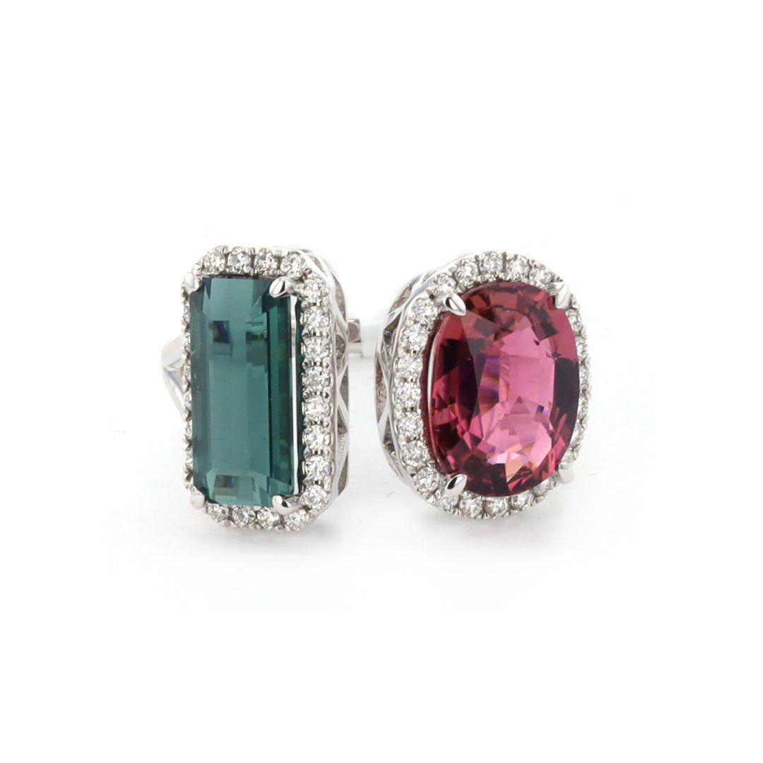 Pink & Green Tourmaline with Diamond Halo Ring
