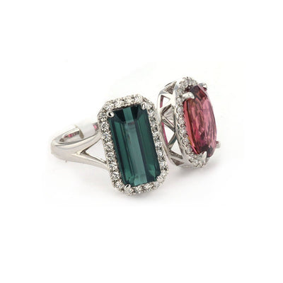 Pink & Green Tourmaline with Diamond Halo Ring