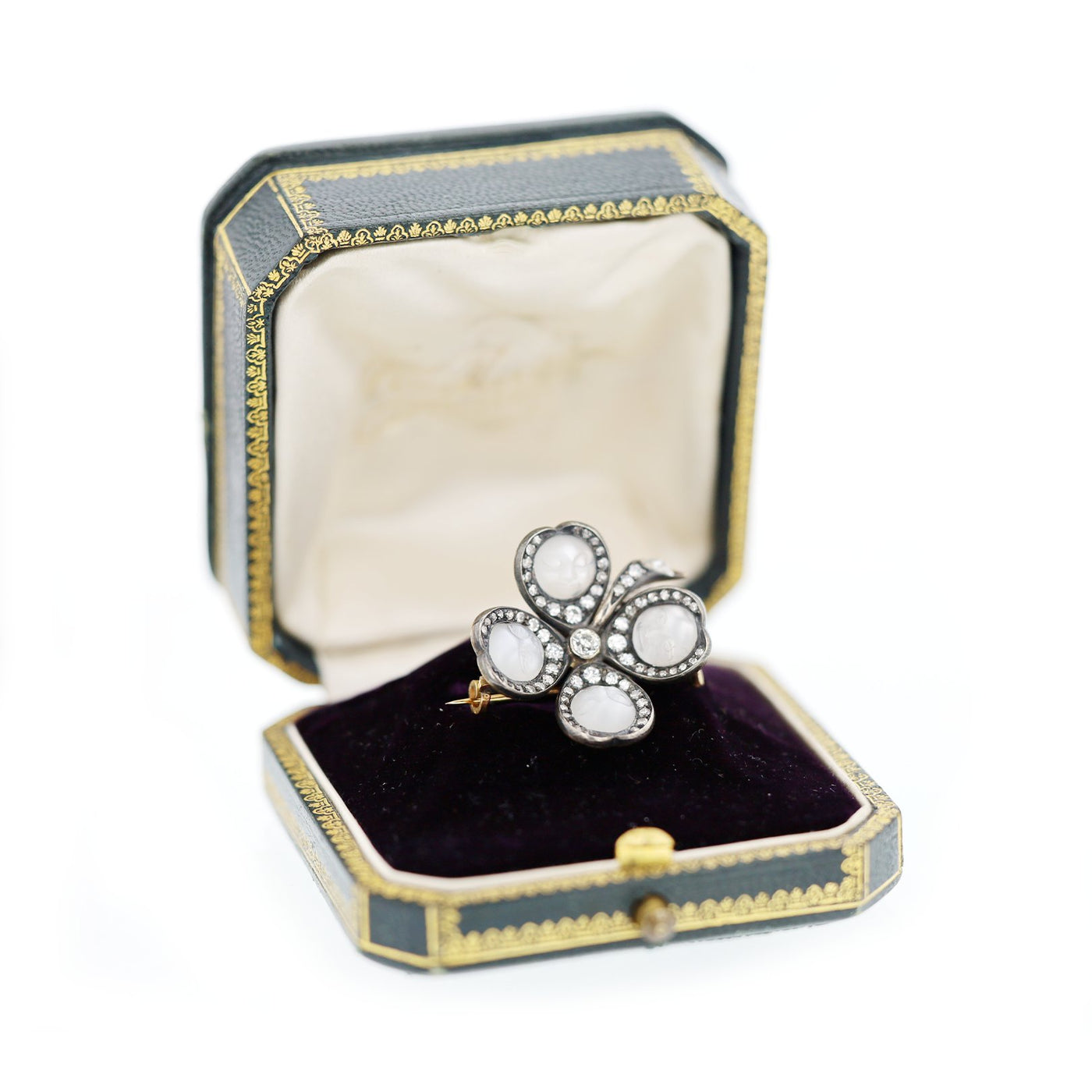 Moonstone & Diamond Clover Brooch