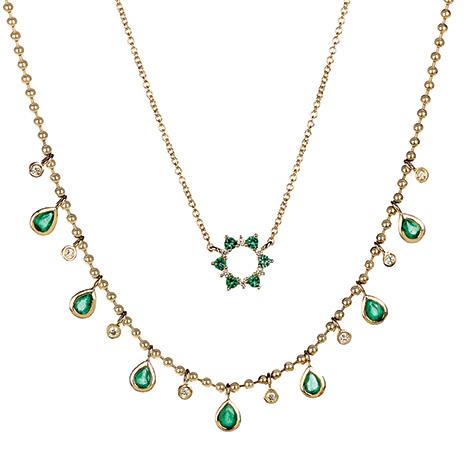 18" Emerald & Diamond Stationary Pendant Necklace
