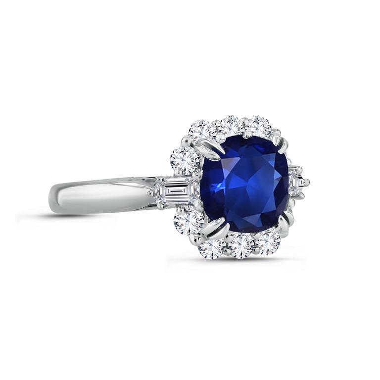 Blue Sapphire & Diamond Halo Ring