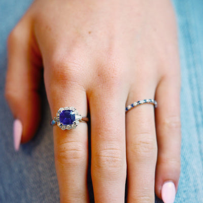 Blue Sapphire & Diamond Halo Ring