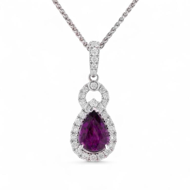 Raspberry Garnet & Diamond Halo Pendant Necklace