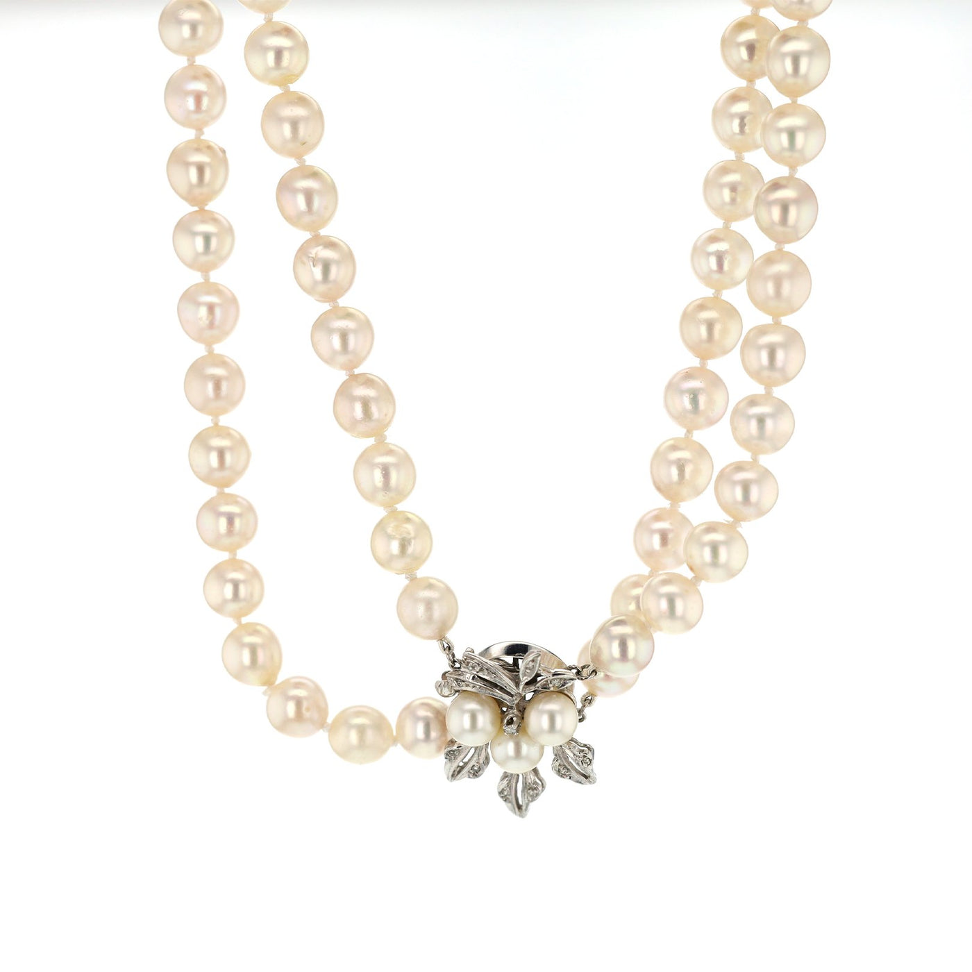 Double Strand Pearl Necklace Diamond Clasp