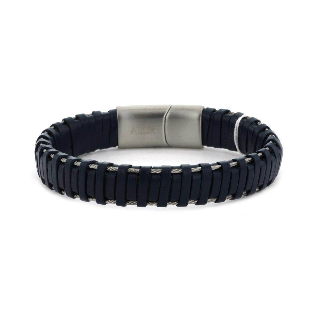 Blue Leather & Cable Bracelet