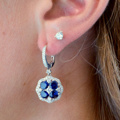 Blue Sapphire & Diamond Halo Drop Earrings
