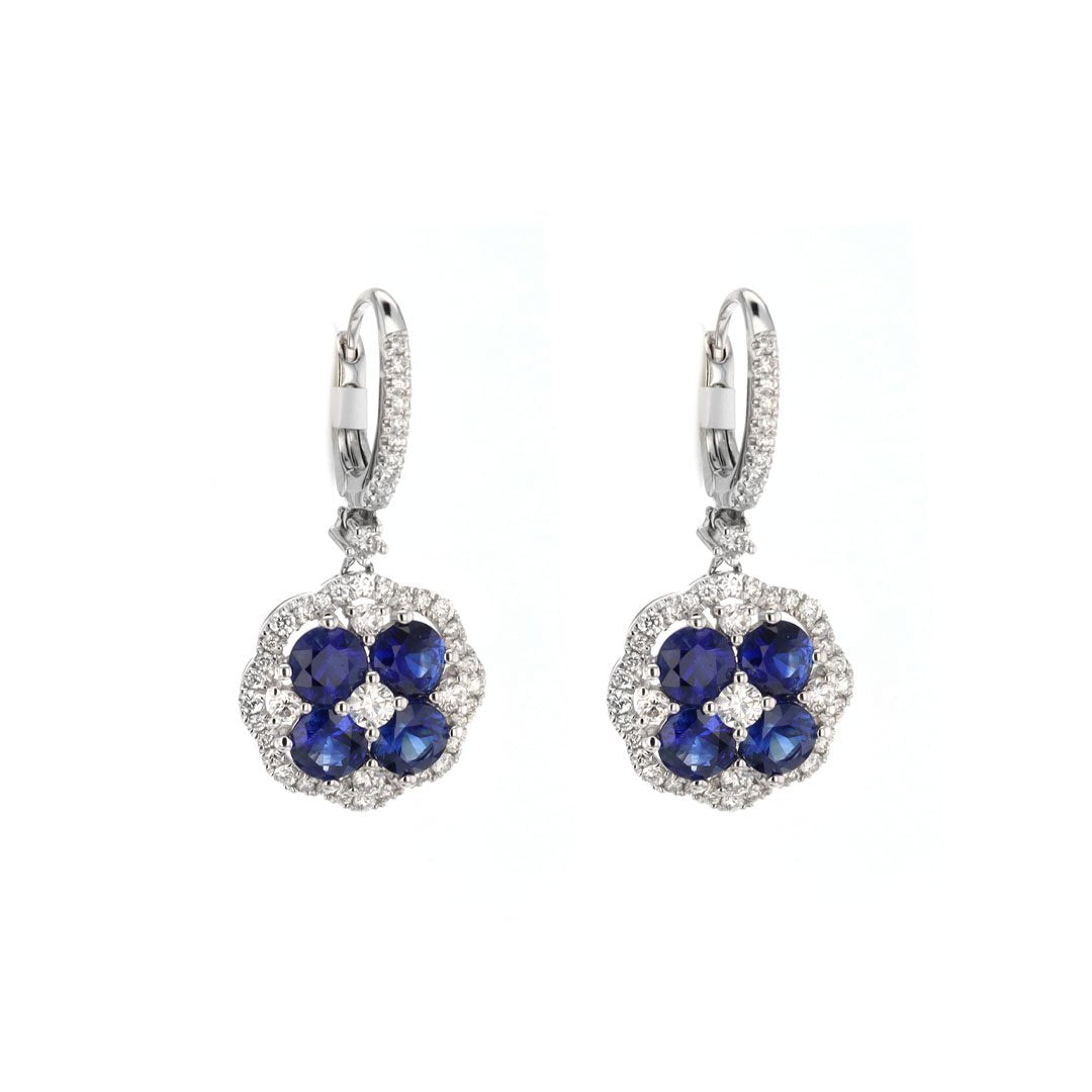 Blue Sapphire & Diamond Halo Drop Earrings