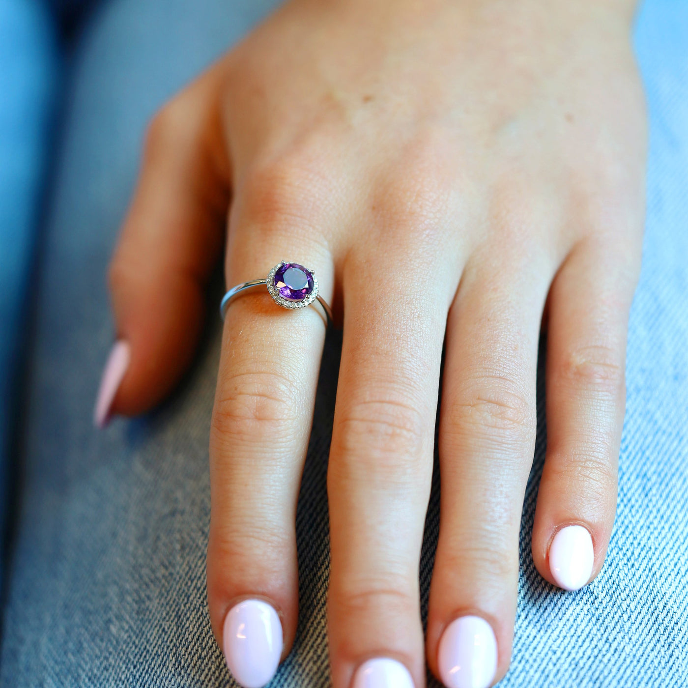 Amethyst & Diamond Halo Ring