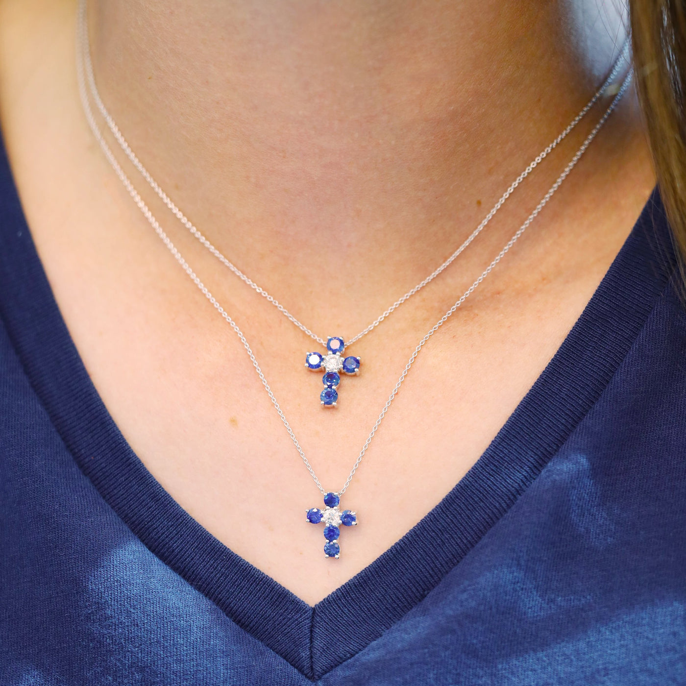 Blue Sapphire & Diamond Cross Pendant