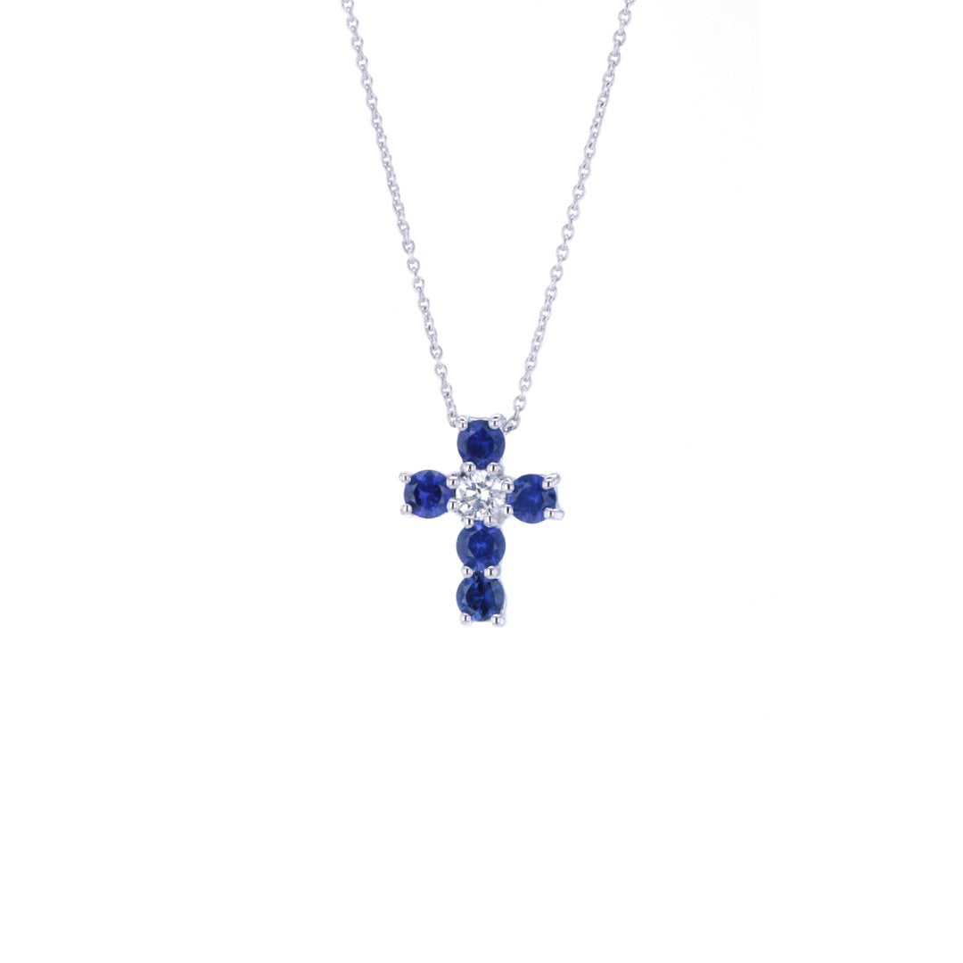 Blue Sapphire & Diamond Cross Pendant