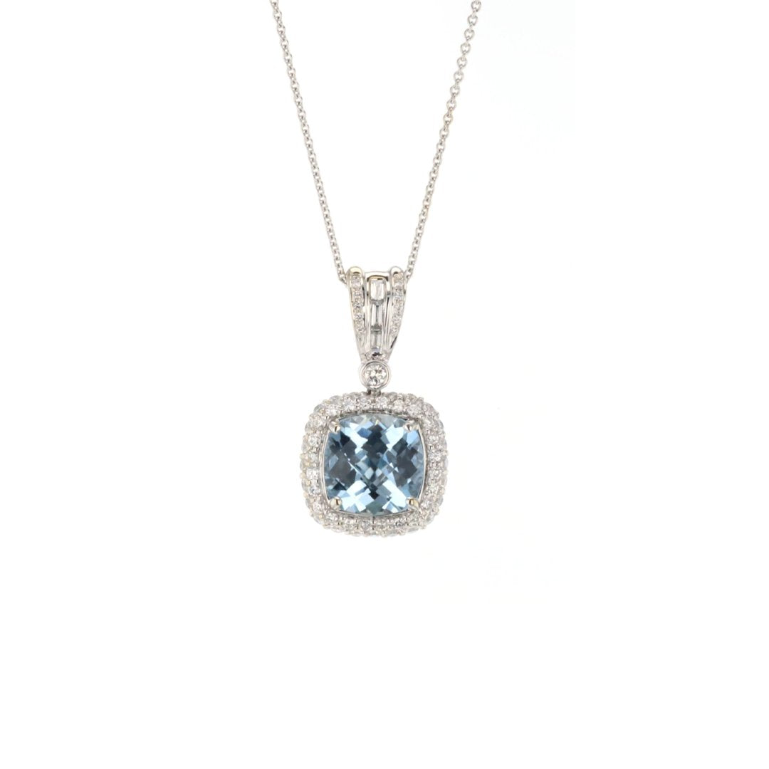 16" Aquamarine & Diamond Cushion Halo Necklace