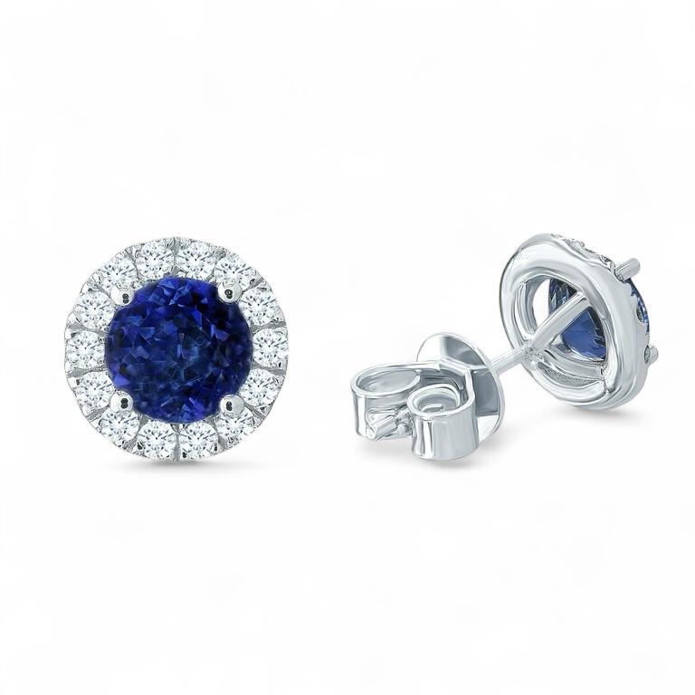 Blue Sapphire & Diamond Halo Earrings