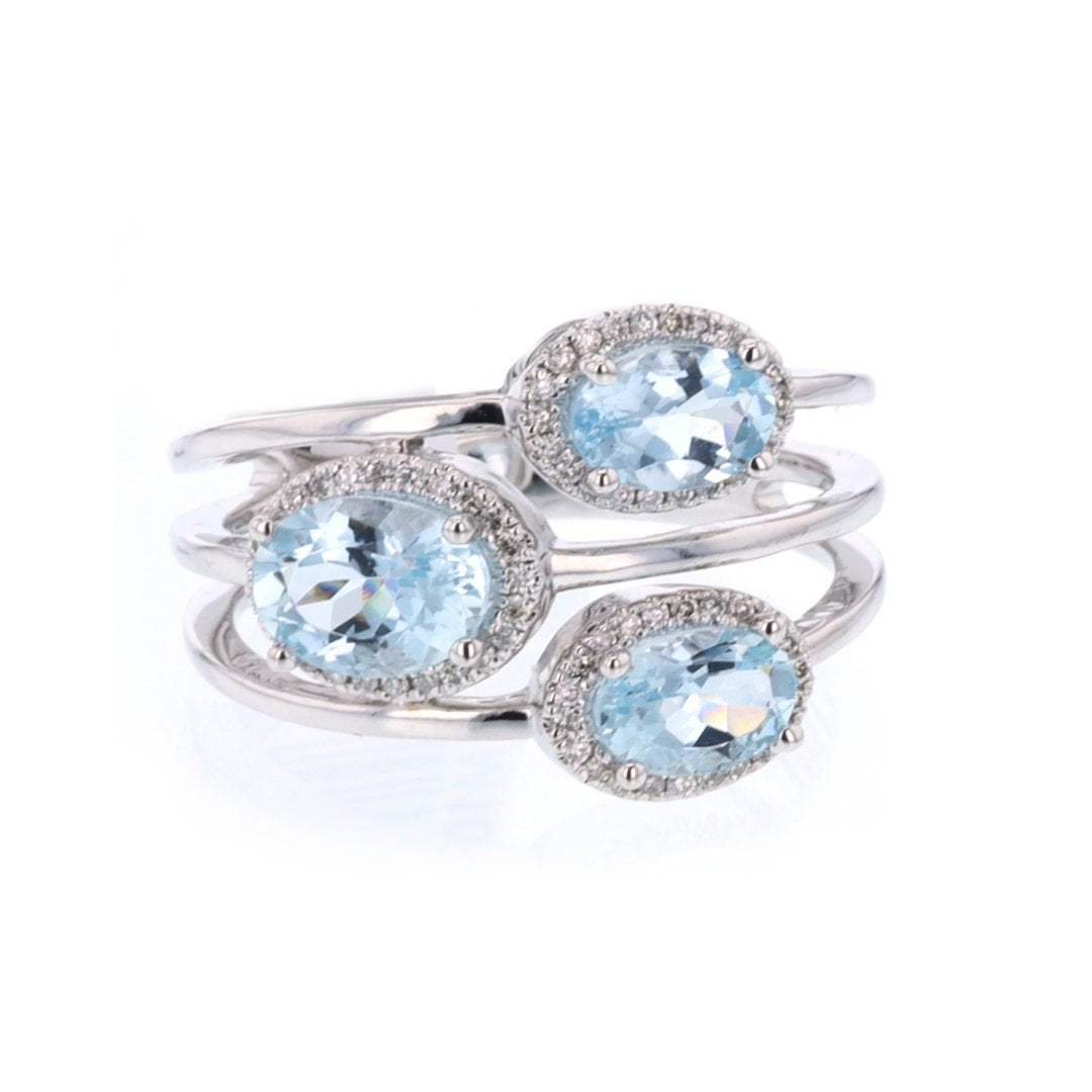 Aquamarine & Diamond 3-Row Ring