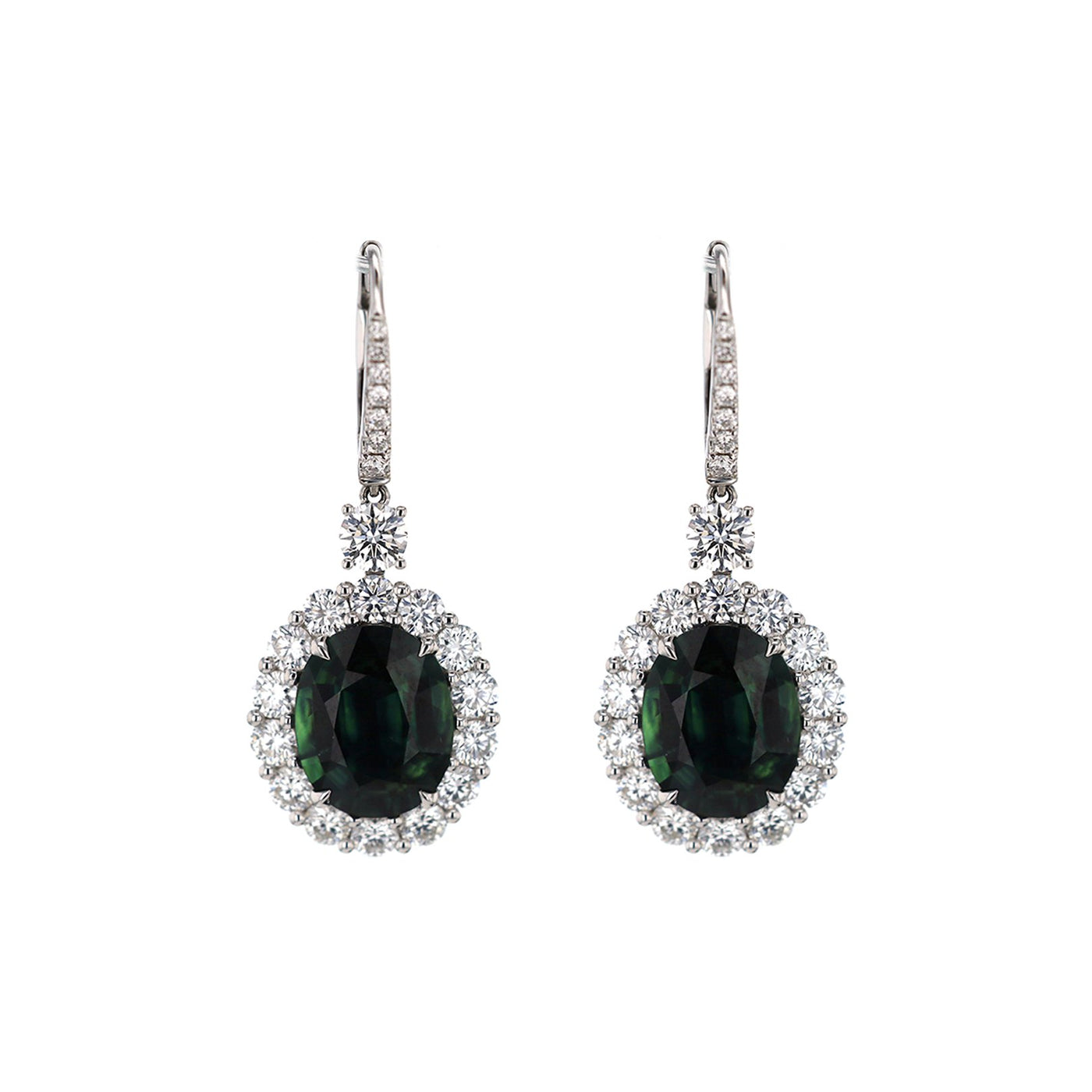 Greenish Blue Sapphire & Diamond Drop Earrings