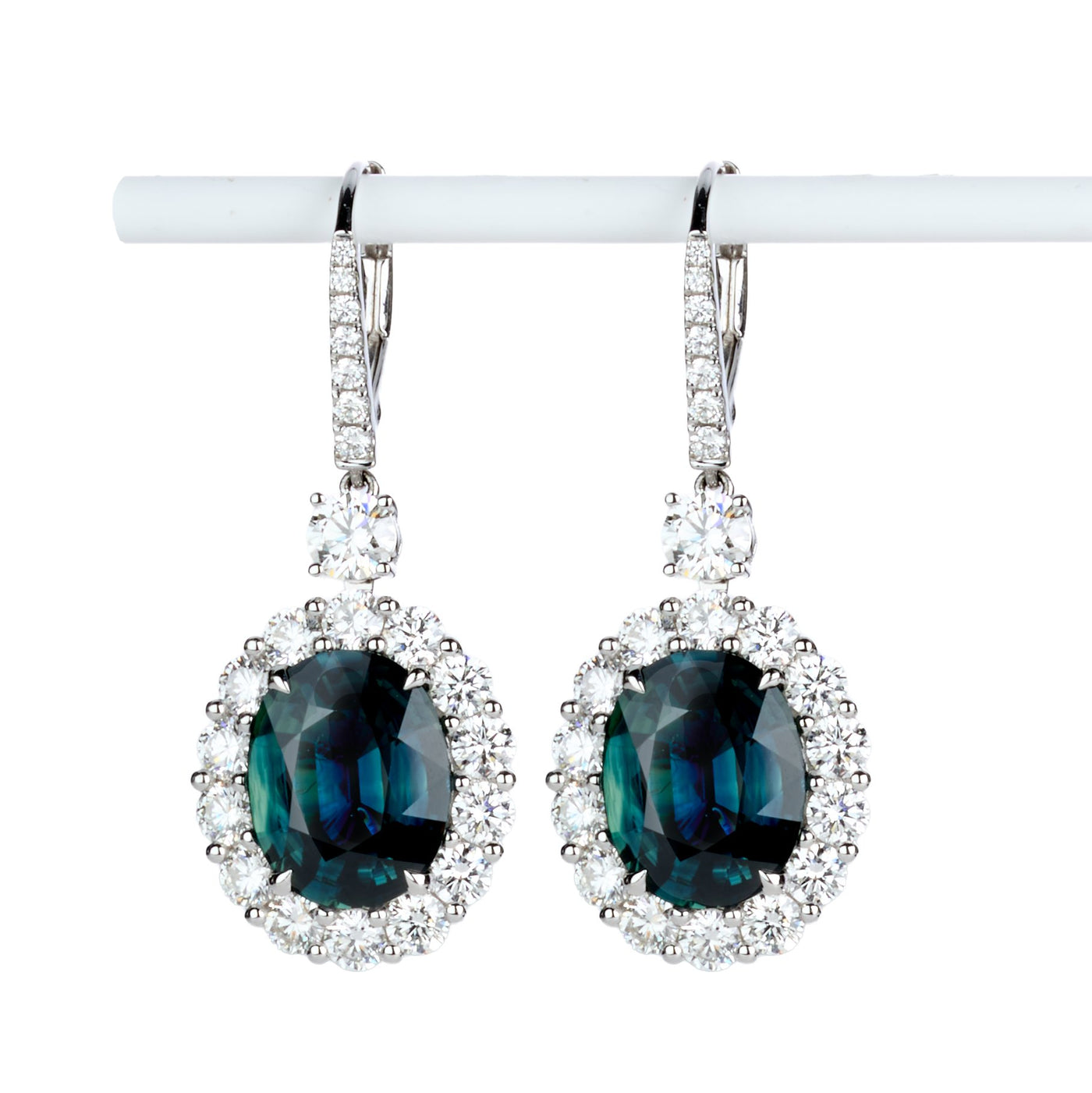 Greenish Blue Sapphire & Diamond Drop Earrings