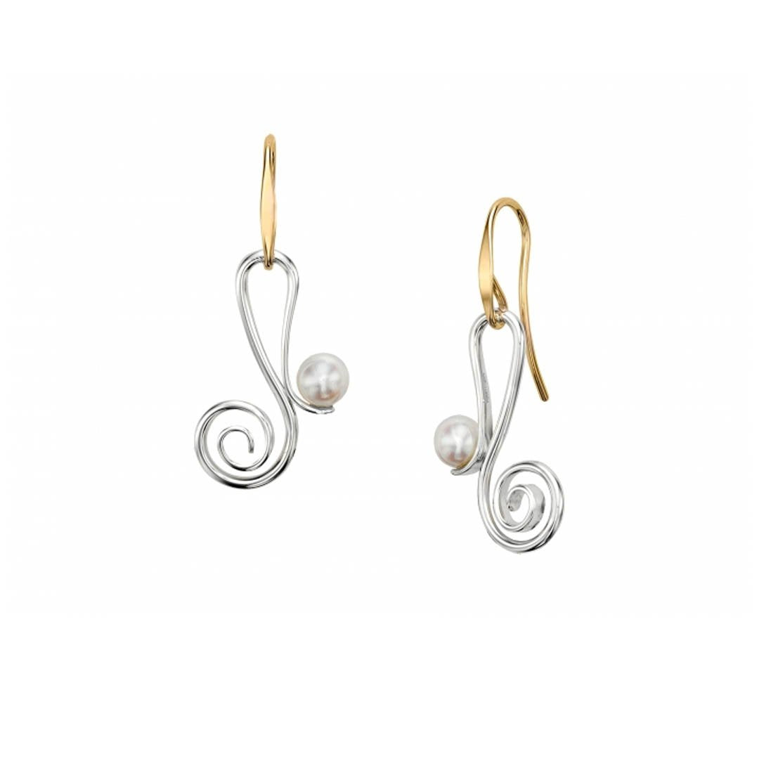 Silver & Gold Script Pearl Drop Earrings - Continental Diamond